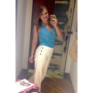 Electric Turquoise Blue Blouse With Faux Pearl Buttons, Size Small